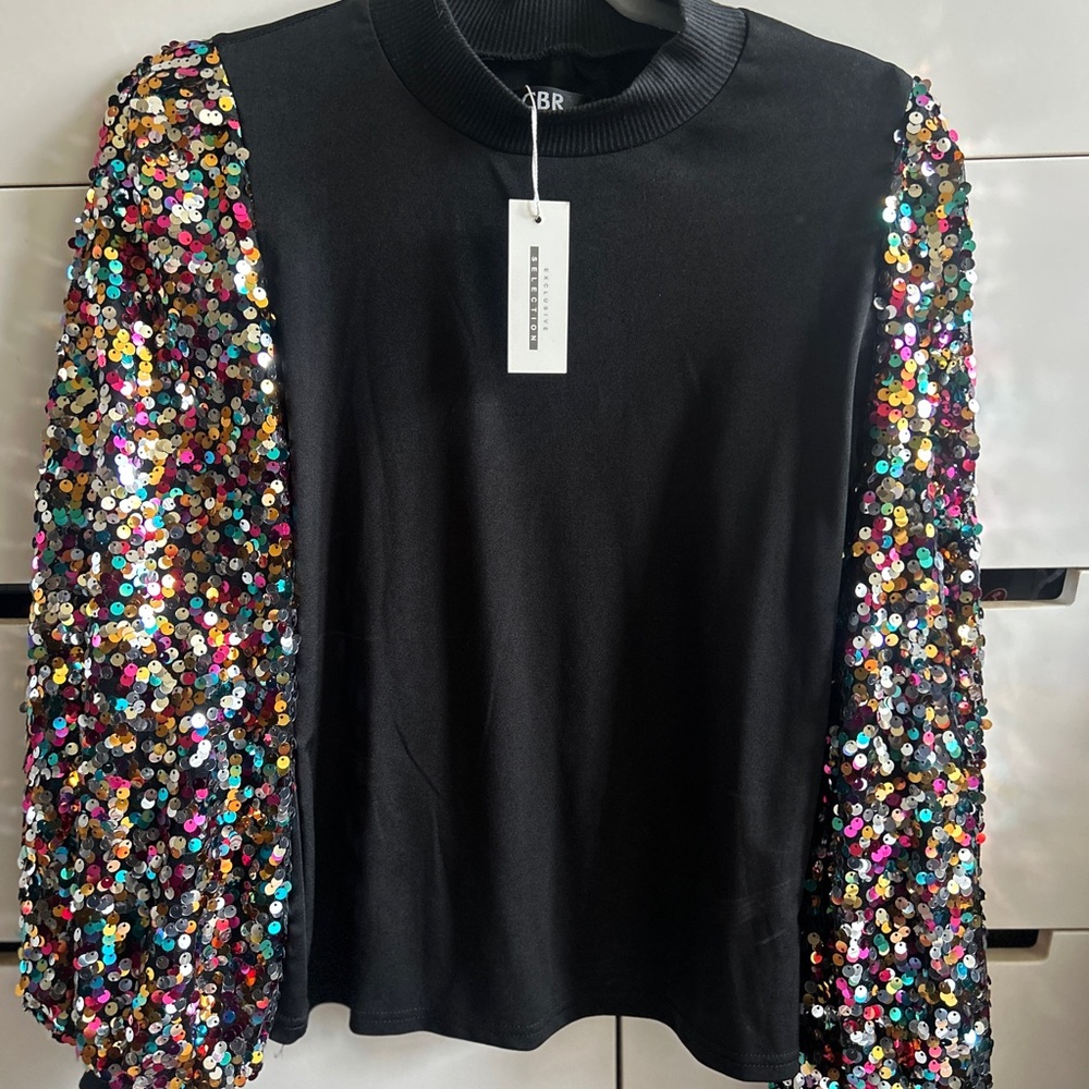 Zara Black Boxy Sequin Blouse with Mandarin Collar